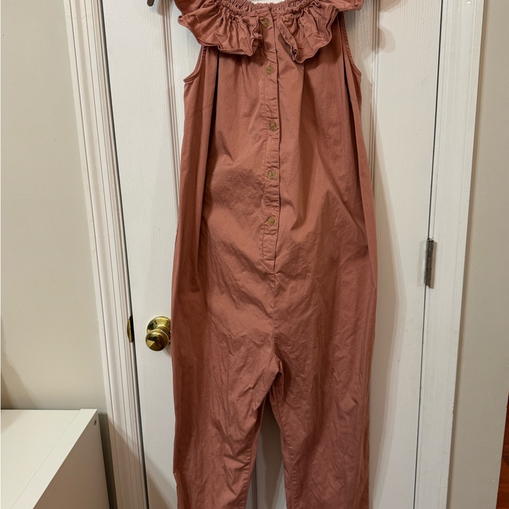Hatch Maternity Ruffled Off-Shoulder Jumpsuit in Dusty Pink Cotton Blend Buttons - Picture 4 of 9